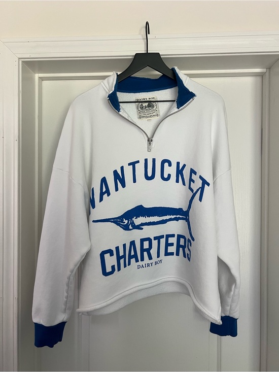 Dairy Boy Tops - Dairy Boy Nantucket Charters White & Blue Half-Zip Sweatshirt